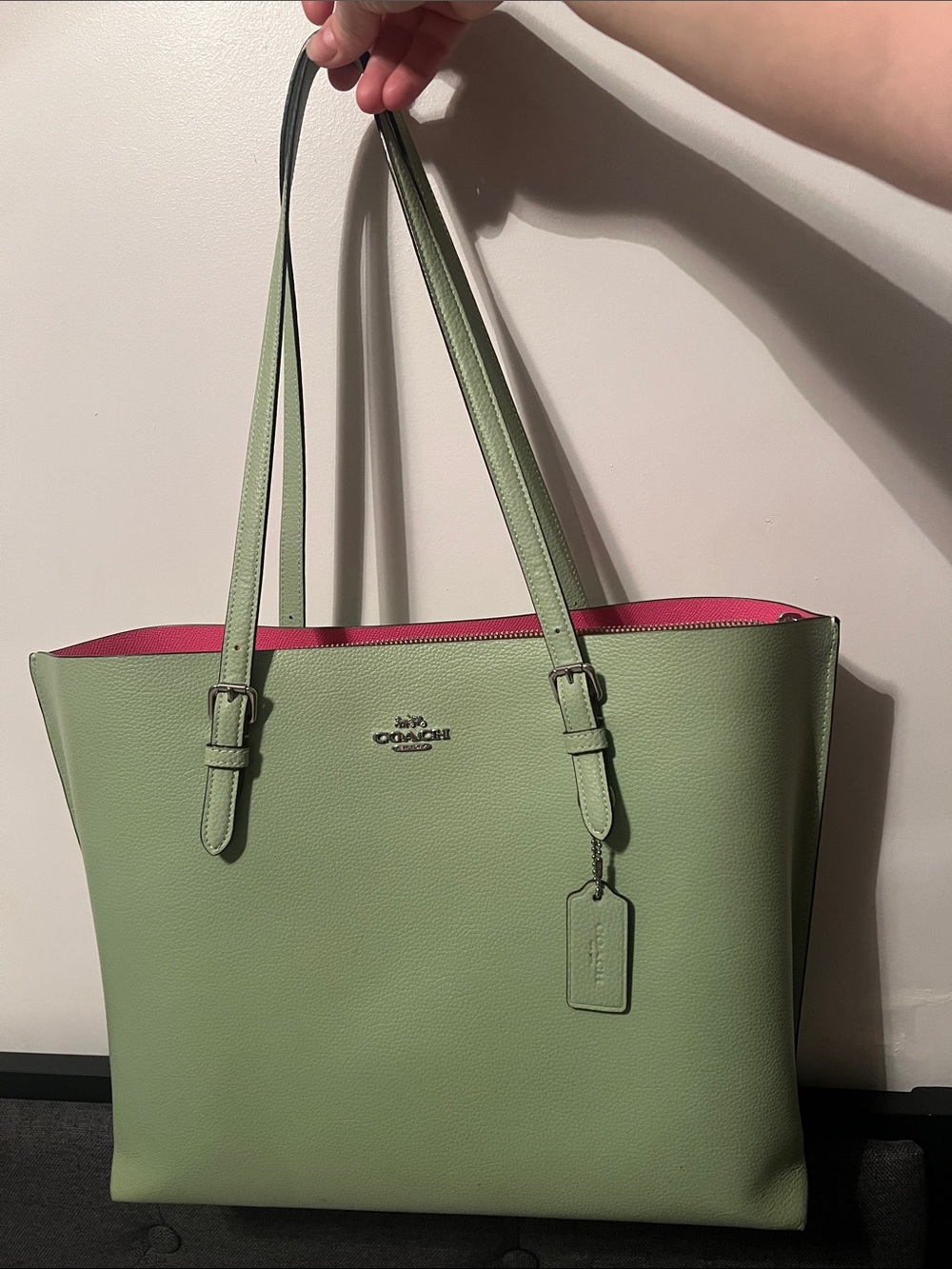 Coach Mint Green Leather Mollie Tote with Pink Trim
